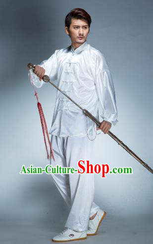 Top Grade Chinese Kung Fu White Costume, China Martial Arts Tai Ji Training Uniform Gongfu Clothing for Men