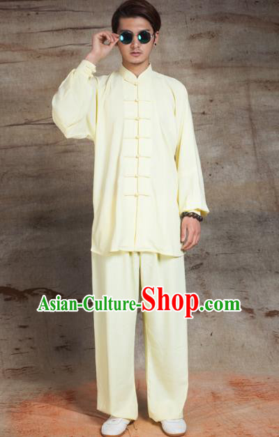 Top Grade Chinese Kung Fu Yellow Linen Costume, China Martial Arts Tai Ji Training Uniform Gongfu Clothing for Men