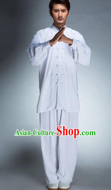 Top Grade Chinese Kung Fu Plated Buttons Costume, China Martial Arts Tai Ji Training White Uniform Gongfu Clothing for Men
