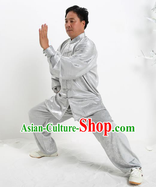 Top Grade Chinese Kung Fu Grey Silk Costume, China Martial Arts Tai Ji Training Uniform Gongfu Clothing for Men