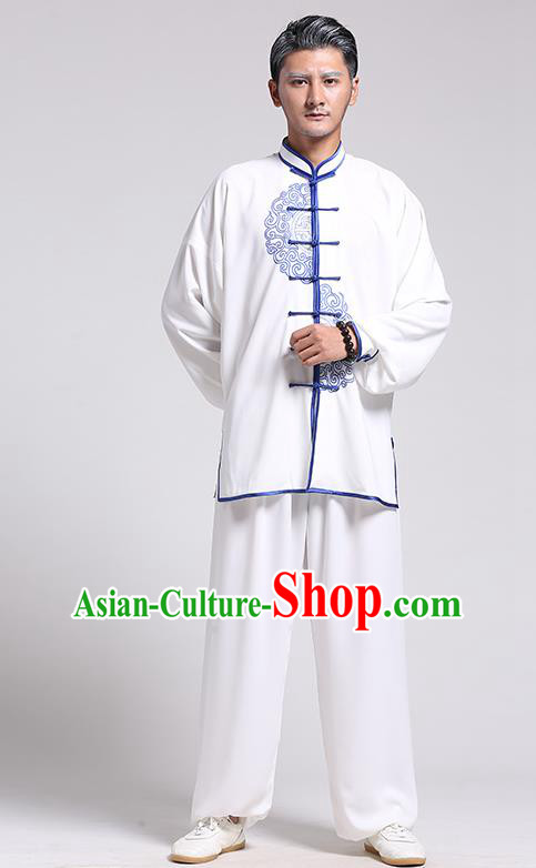 Top Grade Chinese Kung Fu Costume Tai Ji Training Blue and White Porcelain Uniform, China Martial Arts Gongfu Clothing for Men