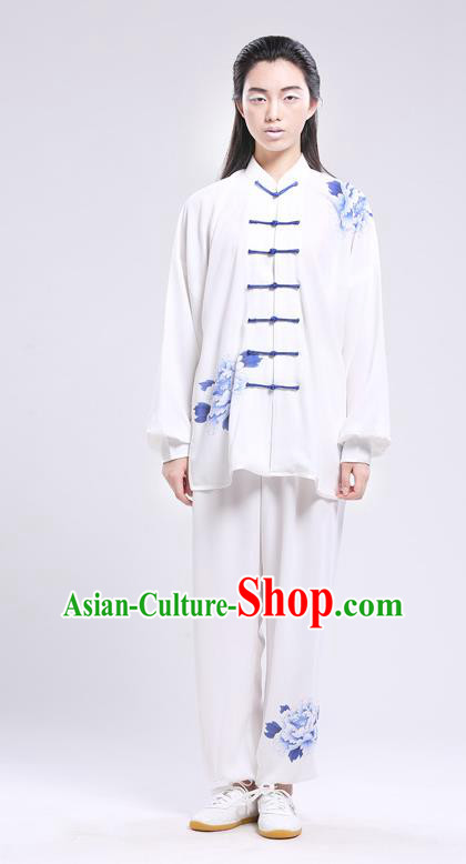 Top Grade Chinese Kung Fu Costume Martial Arts Printing Peony Uniform, China Tai Ji Wushu Plated Buttons Clothing for Women