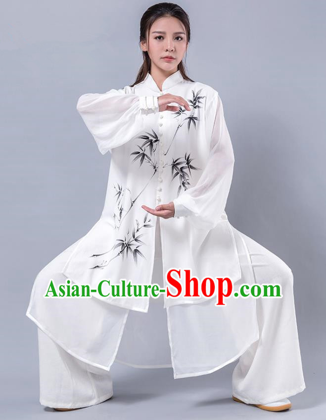 Top Grade Chinese Kung Fu Costume Martial Arts Printing Bamboo White Uniform, China Tai Ji Wushu Plated Buttons Clothing for Women