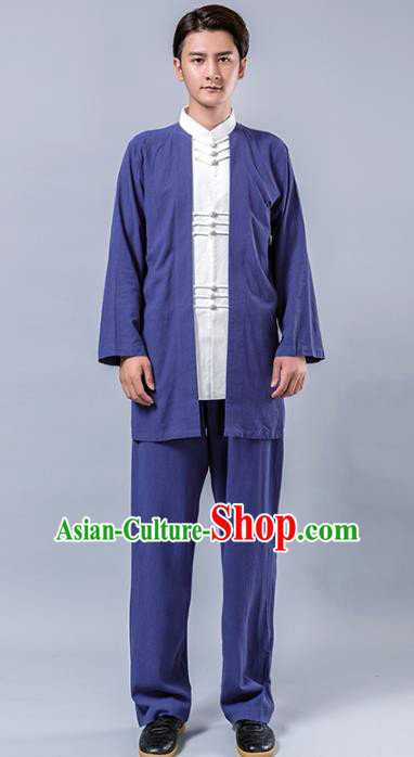 Top Grade Chinese Kung Fu Costume Tai Ji Training Blue Linen Uniform, China Martial Arts Tang Suit Gongfu Clothing for Men