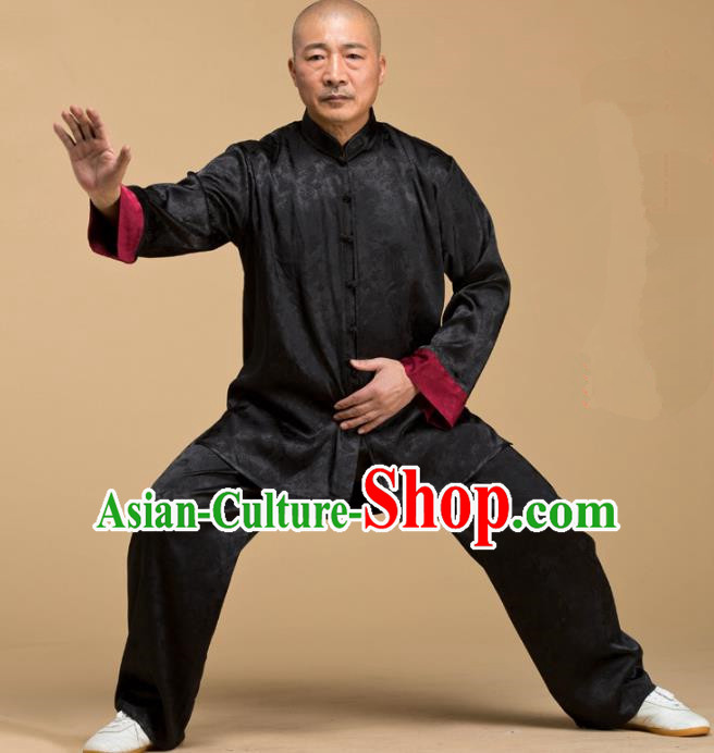 Top Grade Chinese Kung Fu Costume Tai Ji Training Uniform, China Martial Arts Gongfu Black Clothing for Men