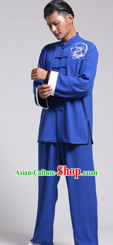 Top Grade Chinese Kung Fu Costume Tai Ji Training Printing Dragon Blue Uniform, China Martial Arts Gongfu Clothing for Men