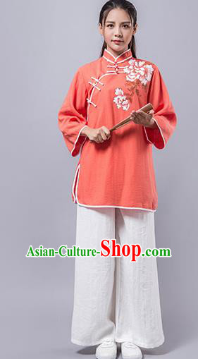 Top Grade Chinese Kung Fu Orange Costume Martial Arts Printing Peony Uniform, China Tai Ji Wushu Clothing for Women