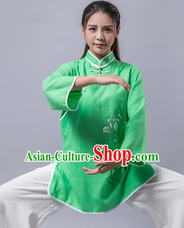 Top Grade Chinese Kung Fu Green Costume Martial Arts Printing Lotus Uniform, China Tai Ji Wushu Clothing for Women