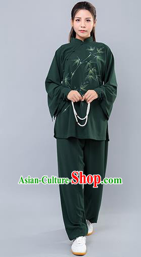 Top Grade Chinese Kung Fu Green Costume Martial Arts Ink Painting Bamboo Uniform, China Tai Ji Wushu Clothing for Women
