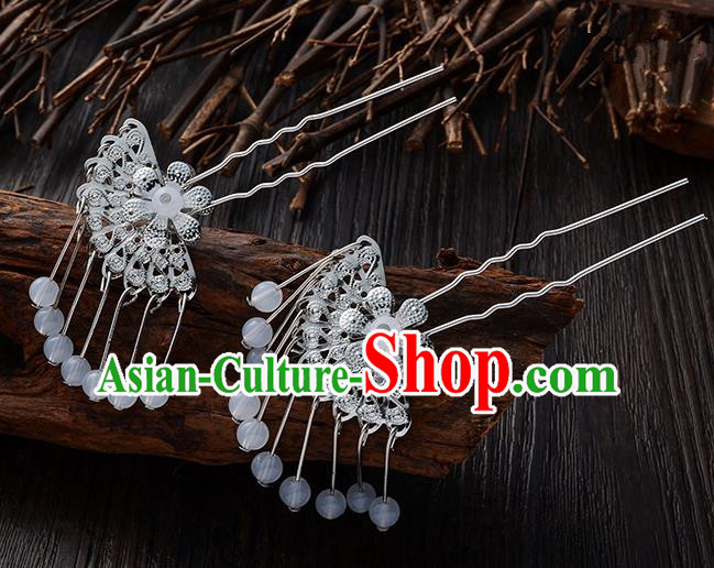 Handmade Asian Chinese Classical Hair Accessories Ancient White Beads Tassel Hairpins Headwear for Women