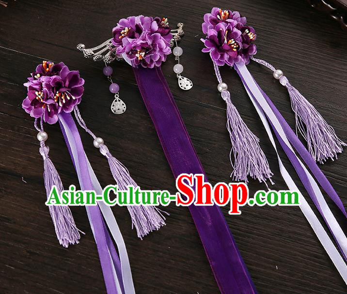 Handmade Asian Chinese Classical Hair Accessories Ancient Purple Silk Flower Hairpins Headwear for Women