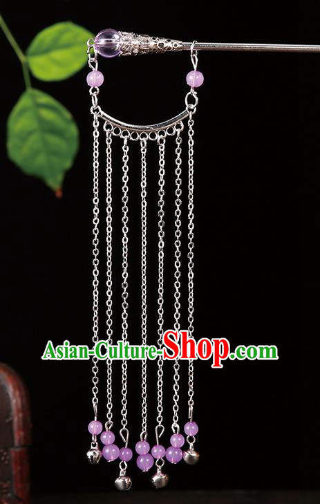 Handmade Asian Chinese Classical Hair Accessories Hair Clip Ancient Purple Beads Tassel Hairpins for Women