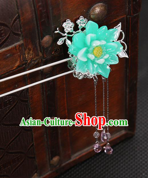 Handmade Asian Chinese Classical Hair Accessories Green Flower Hair Clip Ancient Hanfu Hairpins for Women