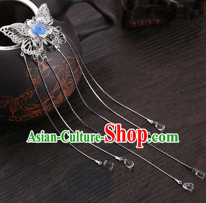 Handmade Asian Chinese Classical Hair Accessories Blue Butterfly Hair Stick Ancient Hanfu Hairpins for Women