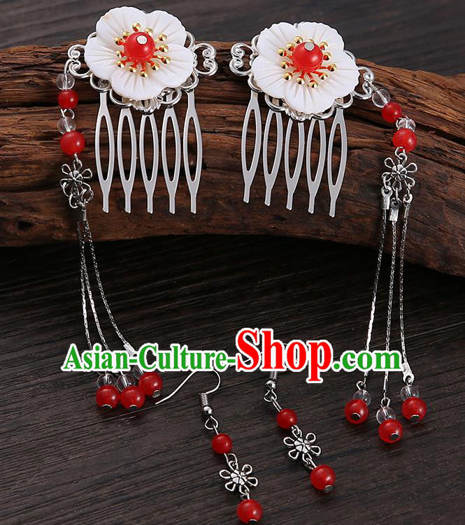 Handmade Asian Chinese Classical Hair Accessories Shell Hair Stick Hairpins and Red Beads Earrings for Women