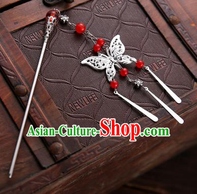 Asian Chinese Handmade Classical Hair Accessories Red Beads Butterfly Tassel Hair Clip Hanfu Hairpins for Women