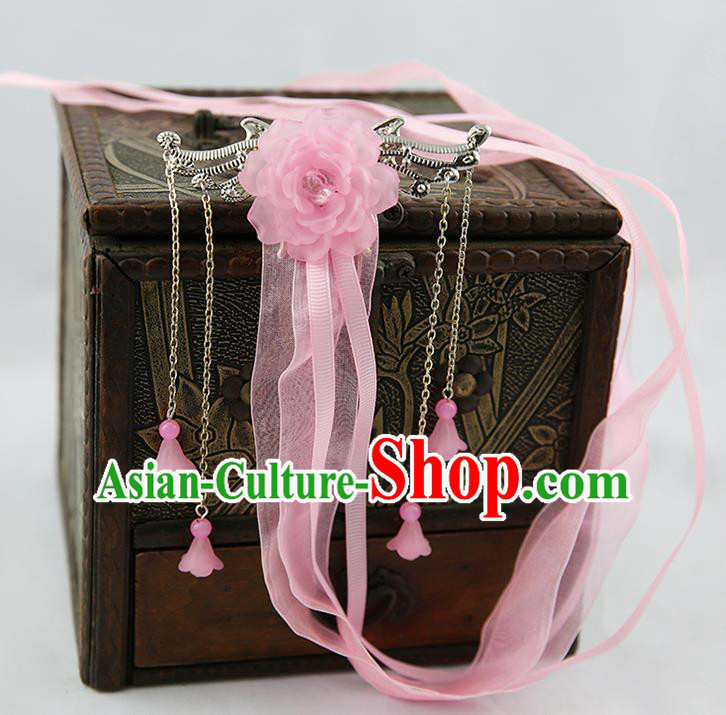 Asian Chinese Handmade Palace Lady Classical Hair Accessories Pink Silk Ribbon Hairpins Headwear for Women