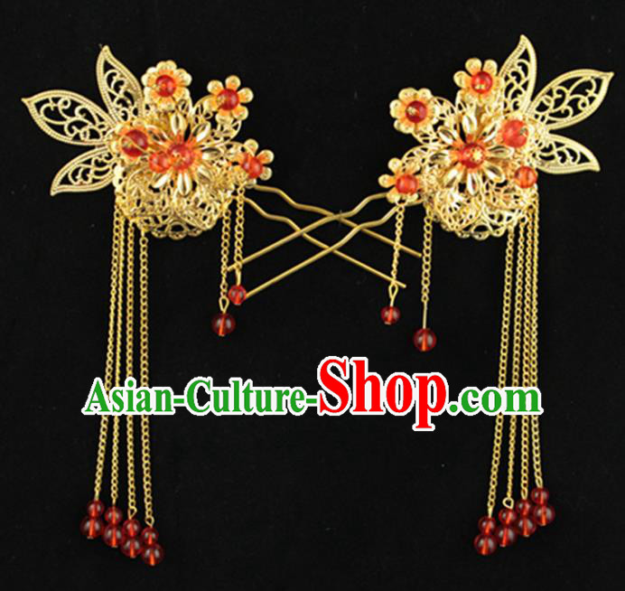 Asian Chinese Handmade Palace Lady Classical Hair Accessories Red Beads Tassel Hairpins for Women