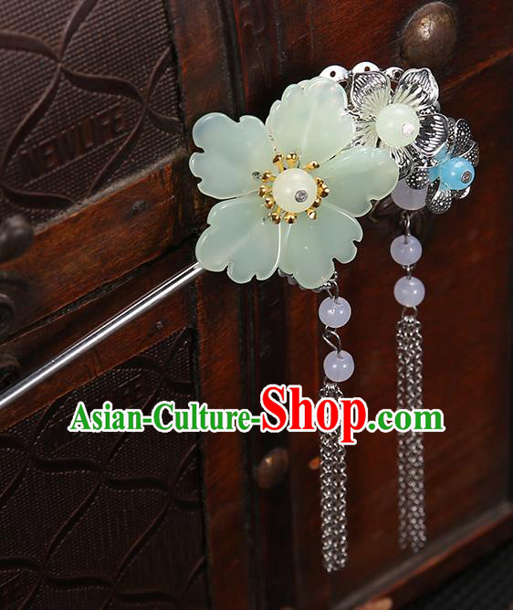 Handmade Asian Chinese Classical Hair Accessories Green Flower Hairpins Hanfu Tassel Step Shake for Women