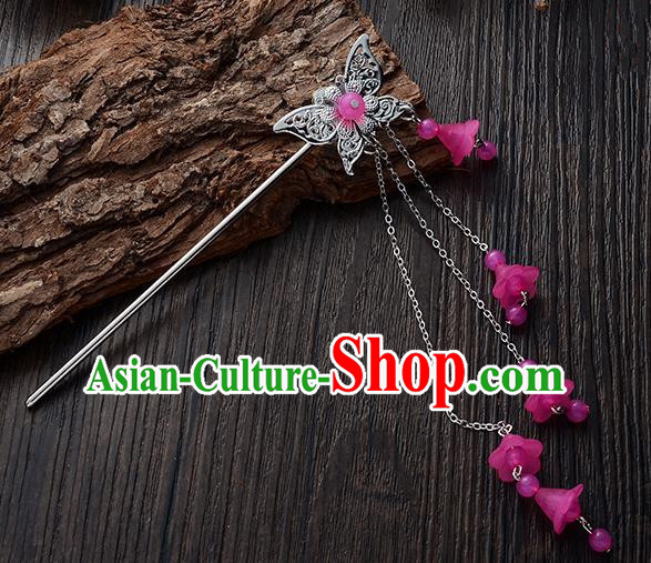 Handmade Asian Chinese Classical Hair Accessories Butterfly Hairpins Hanfu Rosy Tassel Step Shake for Women