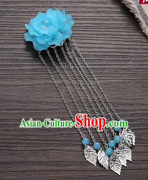 Asian Chinese Handmade Classical Hair Accessories Blue Flower Hairpins Hanfu Tassel Hair Claw for Women