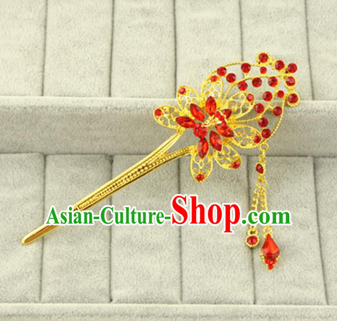 Asian Chinese Handmade Classical Hair Accessories Bride Red Crystal Hanfu Hairpins for Women