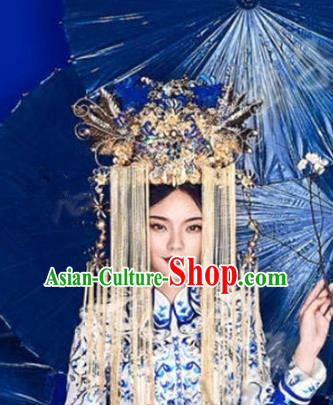 Asian Chinese Ancient Handmade Classical Hair Accessories Hairpins Luxurious Phoenix Coronet Complete Set for Women