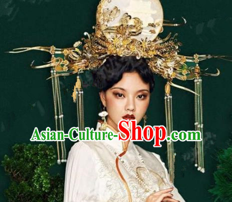 Asian Chinese Ancient Handmade Classical Hair Accessories Hairpins Headdress Exaggerated Phoenix Coronet Complete Set for Women