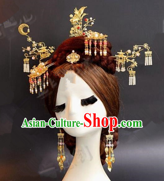 Asian Chinese Ancient Handmade Classical Hair Accessories Hairpins Xiuhe Suit Headdress Complete Set for Women