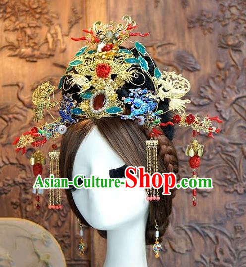 Chinese Handmade Classical Hairpins Hair Accessories Ancient Blueing Phoenix Coronet Complete Set for Women