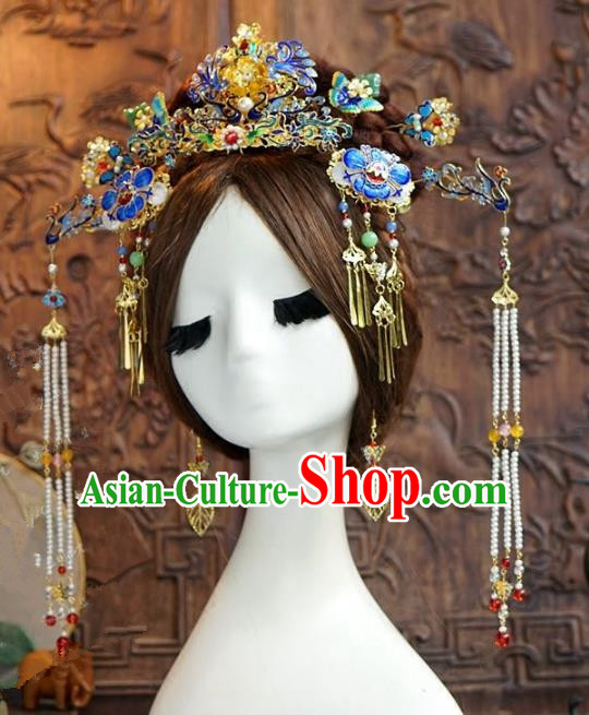 Chinese Ancient Handmade Classical Wedding Hair Accessories Blueing Phoenix Coronet Xiuhe Suit Bride Hairpins for Women