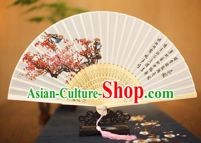 Traditional Chinese Crafts Printing Plum Blossom White Folding Fan, China Sensu Paper Fans for Women