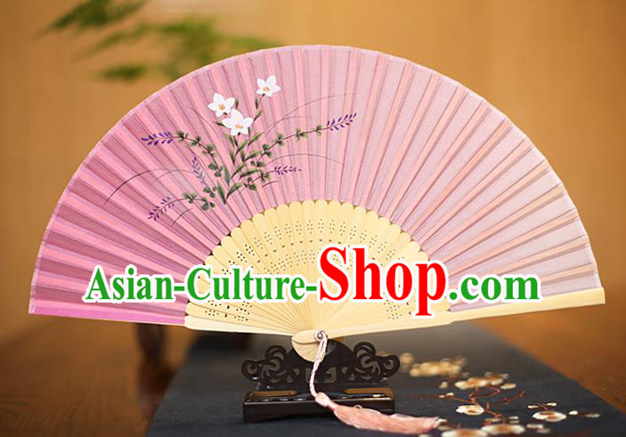 Traditional Chinese Crafts Printing Orchid Pink Folding Fan, China Sensu Paper Fans for Women