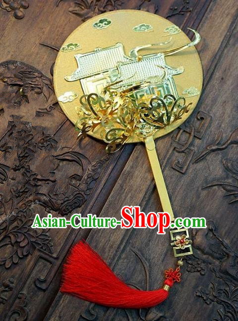Chinese Handmade Classical Stage Performance Golden Fans Ancient Palace Lady Round Fans for Women