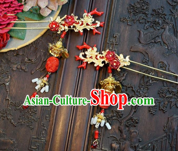 Chinese Handmade Classical Hair Accessories Ancient Hairpins Bride Red Hair Clip for Women
