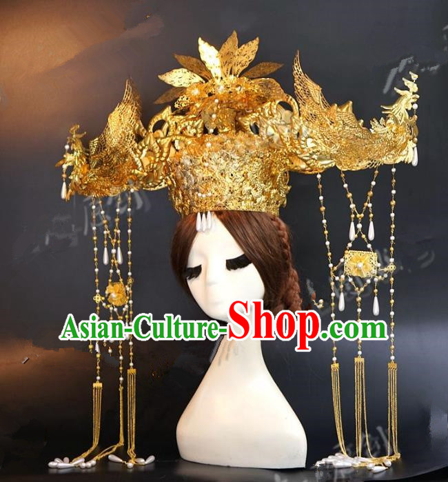 Chinese Ancient Handmade Classical Wedding Hair Accessories Xiuhe Suit Golden Phoenix Coronet Hairpins for Women