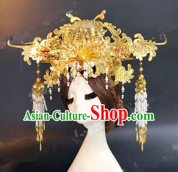 Chinese Ancient Handmade Classical Wedding Hair Accessories Xiuhe Suit Golden Exaggerated Phoenix Coronet for Women