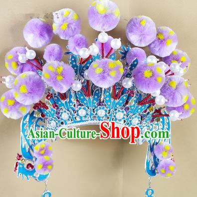 Chinese Beijing Opera Warriors Lilac Venonat Headpiece, China Peking Opera Blues Helmet