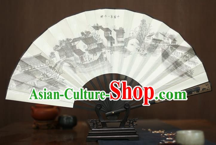 Traditional Chinese Crafts Printing Landscape White Folding Fan, China Sculpture Framework Silk Fans for Men