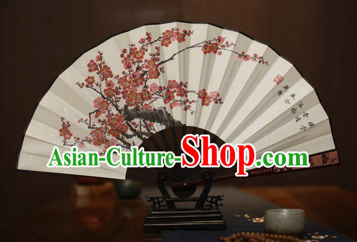 Traditional Chinese Crafts Printing Plum Blossom White Folding Fan, China Sculpture Framework Silk Fans for Men