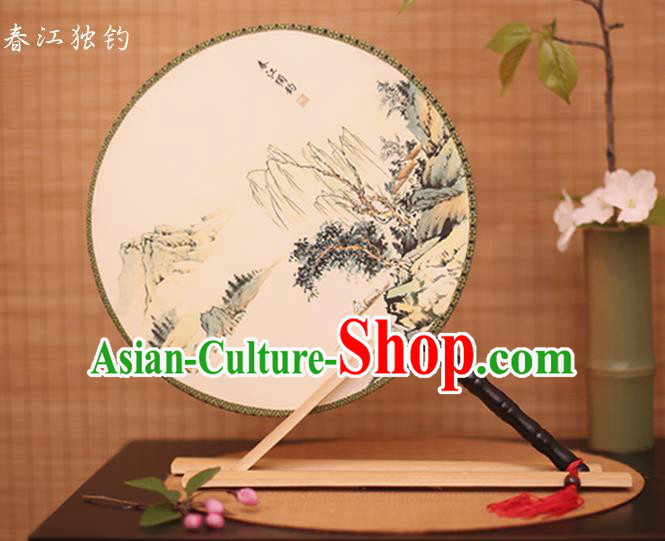 Traditional Chinese Crafts Printing Riverside Fishing White Round Fan, China Palace Fans Princess Silk Circular Fans for Women