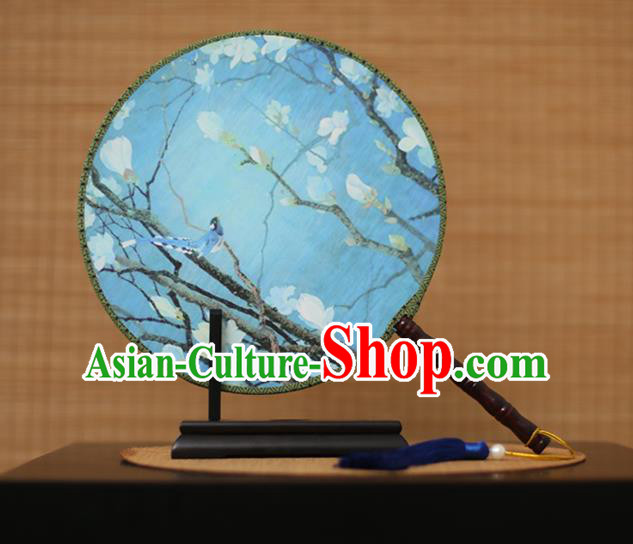 Traditional Chinese Crafts Printing Magnolia Blue Round Fan, China Palace Fans Princess Silk Circular Fans for Women