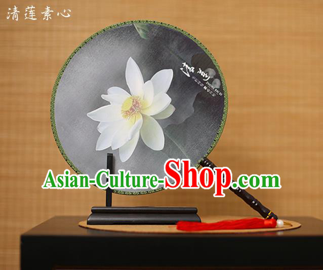 Traditional Chinese Crafts Printing Lotus Black Round Fan, China Palace Fans Princess Silk Circular Fans for Women