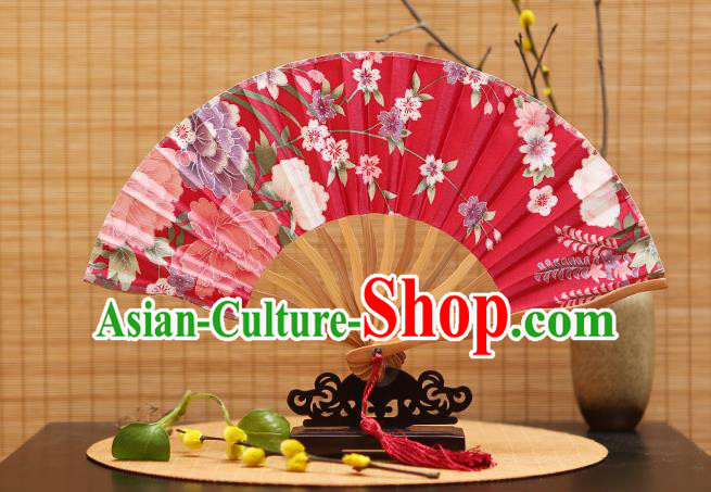 Traditional Chinese Crafts Printing Red Silk Folding Fan Sensu Fans for Women