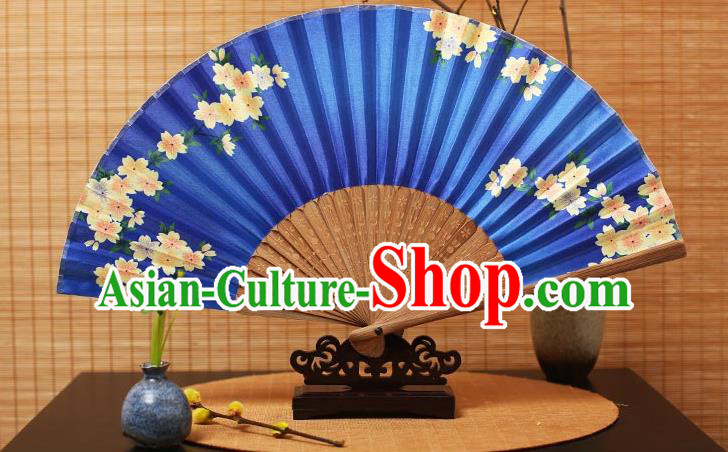 Traditional Chinese Crafts Folding Fans Printing Flowers Blue Silk Fan for Women