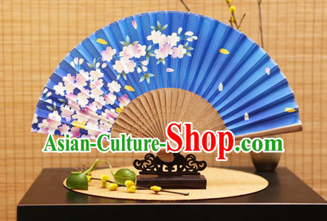 Traditional Chinese Crafts Folding Fans Printing Begonia Flowers Blue Silk Fan for Women