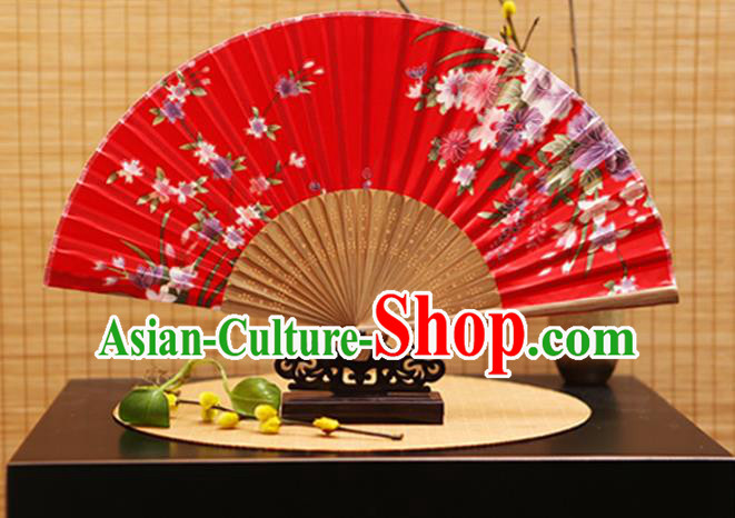 Traditional Chinese Crafts Folding Fans Printing Flowers Red Silk Fan for Women