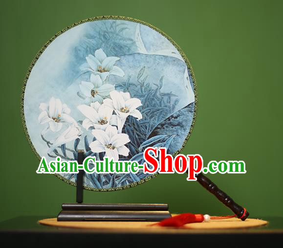 Traditional Chinese Crafts Printing Lily Flowers Round Fan, China Palace Fans Princess Silk Circular Fans for Women