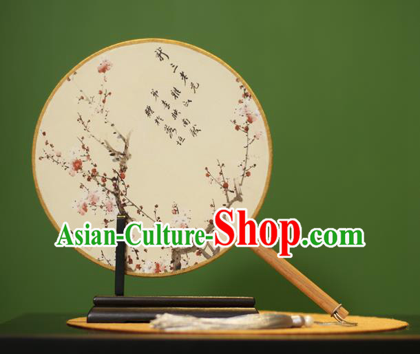 Traditional Chinese Crafts Ink Painting Wintersweet Rosewood Round Fan, China Palace Fans Princess Silk Circular Fans for Women
