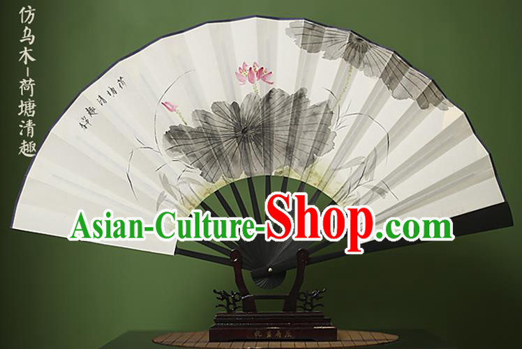 Traditional Chinese Crafts Ink Painting Lotus White Folding Fan Paper Fans for Women